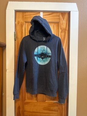 Jerzees Charcoal Hoodie with Blue Graphic Mountain Logo